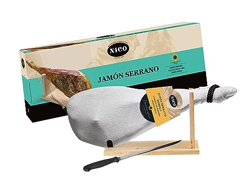 LOTE de JAMON SERRANO BODEGA. Inlcuye JAMONERO, CUCHILLO y CAJA de presentacion. Jamon de aproximadamente 6,5 kg con una curación de más de 9 meses