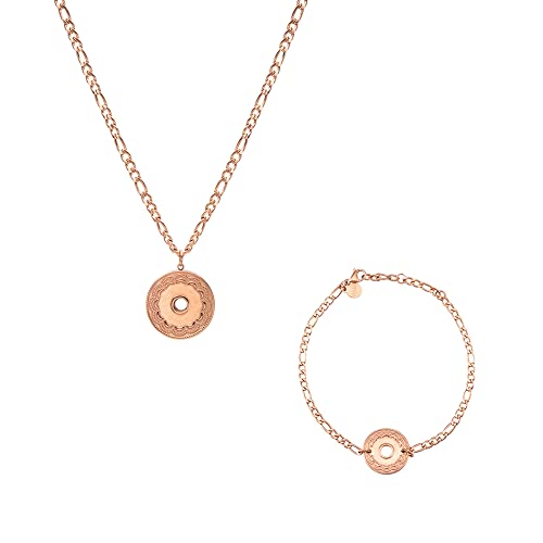 LUUK LIFESTYLE Conjunto de joyas de acero inoxidable, collar y pulsera con colgante círculo | moneda en diseño moderno, motivo redondeado, idea de regalo, accesorio de moda para mujer, rosa