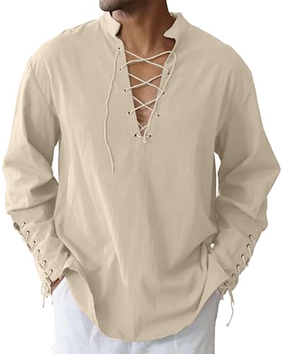 LVCBL Camisa medieval para hombre, camisa de lino estilo retro tradicional, con cordones, M-3XL, caqui, M