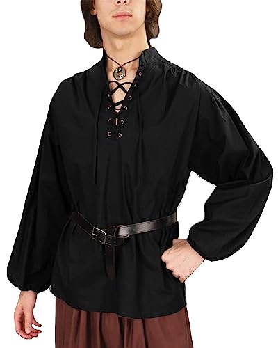 LVCBL Camisa medieval para hombre, disfraz vikingo, camisa con cordones, renacentista, steampunk, pirata, cuello alto, cosplay, Negro , L