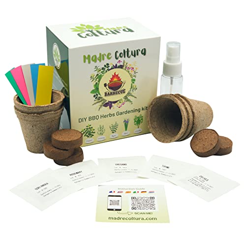MadreColtura Kit Completo de Autocultivo de Hierbas Aromáticas I Kit de Semillas para Barbacoa, Set de regalo, Regalos Originales de Jardinería para Niños y Adultos
