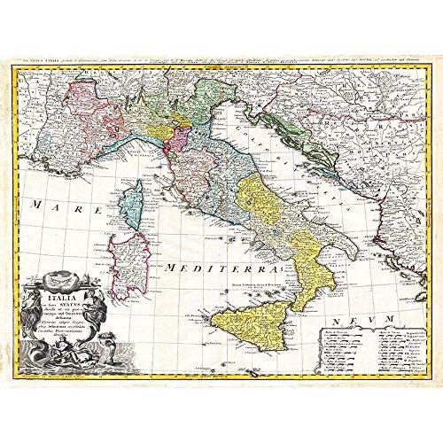 MAP ANTIQUE HOMANN HEIRS ITALY MEDITERRANEAN SEA 30X40 CMS FINE ART PRINT ART POSTER Mapa Antiguo Italia MEDITERRÁNEO Lámina Póster