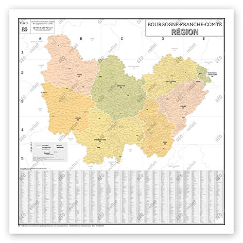 Mapa de Francia Murale – Mapa administrativo – Región Borgoño-Franche-Condado – Modelo Vintage – Póster plastificado gran formato 120 x 120 cm