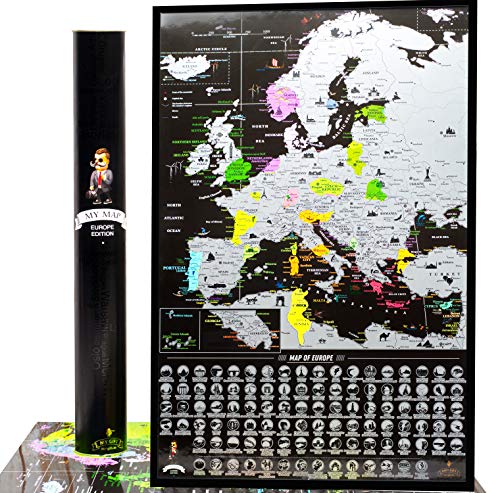Mapa de viaje con mapa de Europa para rascar, mapa de la UE detallado mapa de mapa de Europa mapa de pared con puntos de referencia, Bucketlist Scratch Off - Europe mapa de viaje 61x40cm Black
