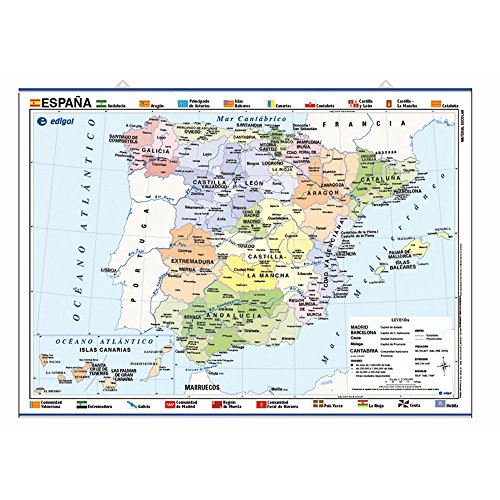 Mapa póster España impreso a doble cara Físico / Político envarillado, con colgadores y tubo 70 x 50 cm