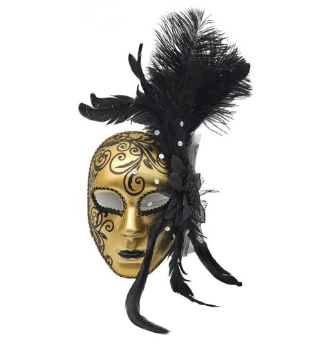 Máscara Veneciana con Plumas y Flores, Máscara Negro de Toda la Cara para Adultos, Accesorios para Cosplay de Carnaval