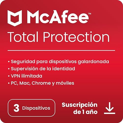 McAfee Total Protection 2023 | 3 dispositivos | Software de seguridad en Internet con antivirus | VPN ilimitada | 1 año de suscripción | Descargar Código
