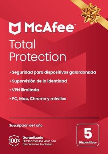 McAfee Total Protection 2023, 5 dispositivos, Software de seguridad en Internet con antivirus, VPN ilimitada, 1 año de suscripción, Tarjeta de clave