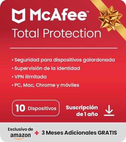 McAfee Total Protection 2023 | Exclusivo en Amazon |10 Dispositivos| 12 Meses + 3 |Software de seguridad en Internet con antivirus| VPN ilimitada | Descargar Código