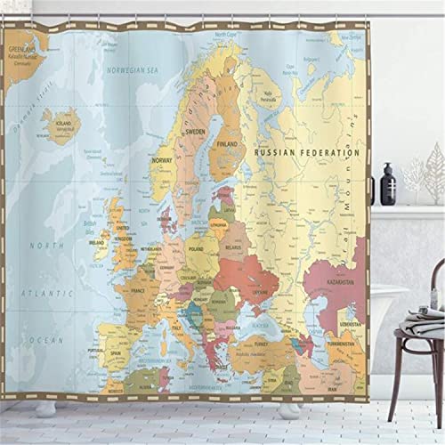 MEKPAM Mapa Cortina De Ducha Mapa Detallado Alto Ilustración De La Región Escandinava Guía De Viaje Europea Tela Impresa Tela Baño Decoración Conjunto con Ganchos 180x180cm