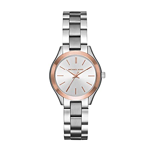 Michael Kors Reloj para mujer Mini Slim Runway, movimiento de tres manecillas, caja de acero inoxidable plateado/rosa de 33 mm con correa de acero inoxidable, MK3514