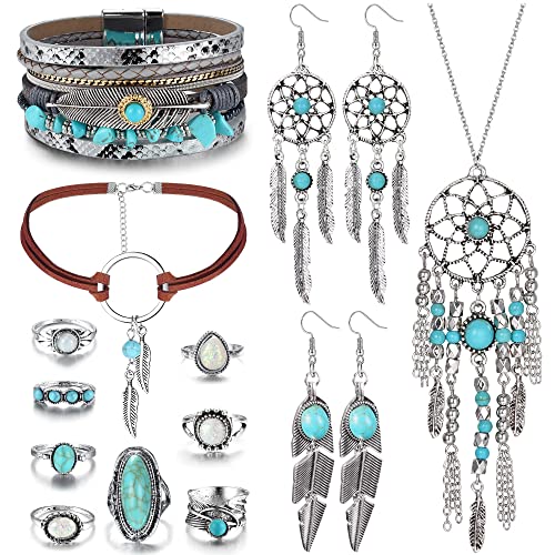 MILACOLATO Joyería Occidental para Mujeres Turquesa Colgante Collar Western Drop Dangle Pendientes Turquesa Faux Cuero Pulseras en Capas Boho Knuckle Rings Set Bohemian Jewelry Set