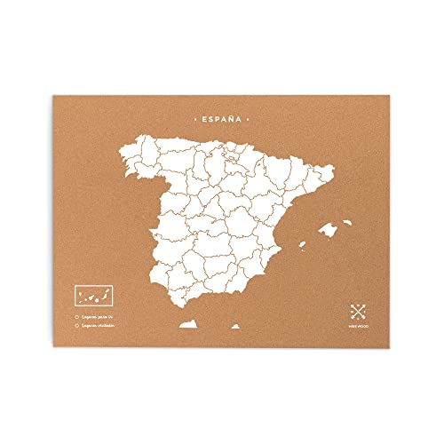 Miss Wood Mapa de España de Corcho, Pino, Blanco, L-45x60CM