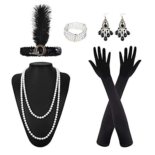 MIVAIUN 6 Piezas Accesorios de los Años 20, Mujer Flapper Set, Años 20 Fiesta Disfraz, 1920 Juego de Accesorios, Great Gatsby Accesorios para Rugir Fiesta de los Años 20 Halloween Navidad (Negro)