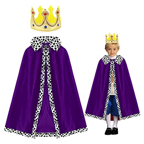 MIVAIUN Capa de Rey y Corona Dorada, Disfraz de Rey para Niños, Abrigo de Rey Deluxe, Traje de Rey Medieval, Disfraz Infantil de Rey, Carnaval, Fiesta de Disfraces, Fiesta Temática, 80cm (2 Piezas)