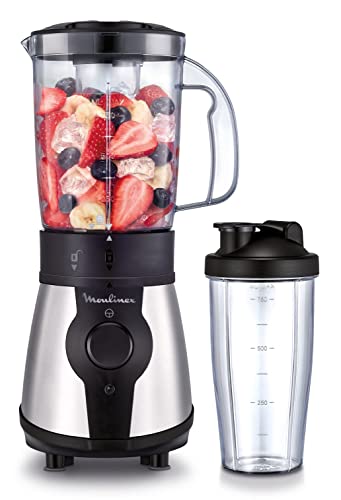 Moulinex Blend&Go LM1B1D - Batidora de vaso de 300 W, batidora smoothie con jarra de plástico de 750 ml, incluye botella portátil de 750 ml, 4 cuchillas extraíbles, acabados en acero inoxidable