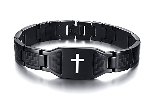 MPRAINBOW Pulsera cristiana de cruz para hombre, acero inoxidable, con incrustaciones de fibra de carbono, banda de reloj, pulsera religosa, pulseras de eslabones ajustables para papá, marido, hijo,