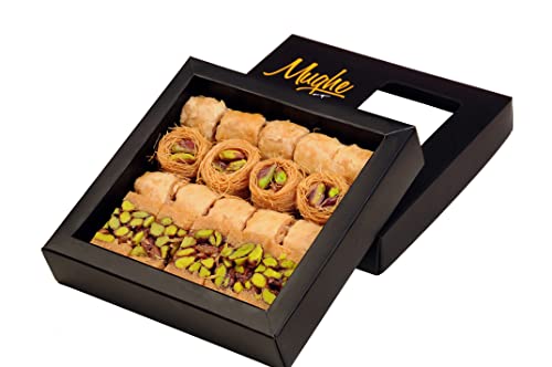 Mughe Gourmet - Caja de regalo elegante de surtido de Baklava - Pequeños postres en tamaño bocado de pistacho, anacardo, avellana y nuez - 22pz - 285 g - Perfecto para cumpleaños, Navidad, Eid y más