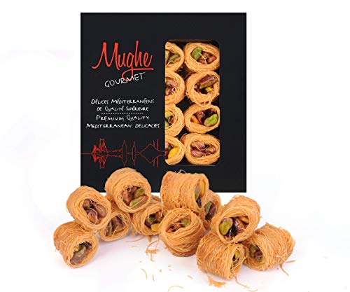 Mughe Gourmet -Regalos de dulces de baklava de pistacho Esh El Bulbul en tamaño bocado- Postre de baklava de pistachos turcos en una caja de regalo 150g-12p - Pastelería de baklavas ideal para regalar