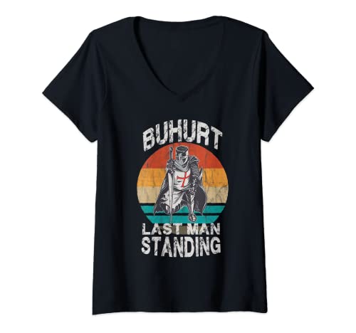 Mujer Guerrero con motivo buhurt de caballero medieval vintage Camiseta Cuello V