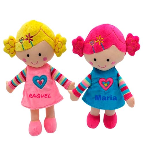 Muñeca de Trapo Personalizada - Muñecas de Trapo Vestido Terciopelo, Regalo muñeca Trapo Bebe con su Nombre, tamaño 25 cm. en Azul o Rosa - Muñeca Bebe 1 año y más (Vestido Rosa)