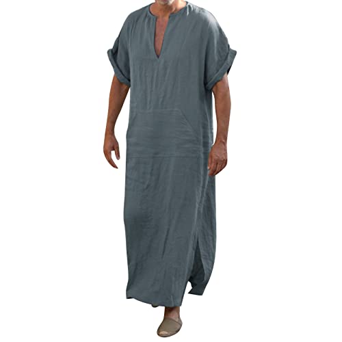 Mymyguoe Vestido musulmán de lino de manga corta para hombre, bata islámica, monocolor, cuello en V, árabe afgano, bata, caftán, largo, árabe, manga larga, tóbalo, caftán, informal, Dubai, árabe,