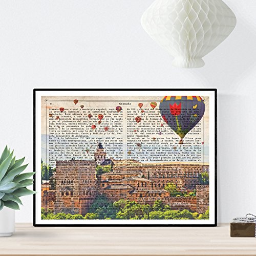 Nacnic Lámina Ciudad de Granada. Estilo Vintage. Ilustración, fotografía y Collage con la Historia DE Granada. Poster tamaño A4 Impreso en Papel