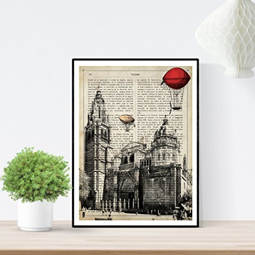 Nacnic Lámina Ciudad de Toledo. Estilo Vintage. Ilustración, fotografía y Collage con la Historia DE Toledo. Poster tamaño A4 Impreso en Papel