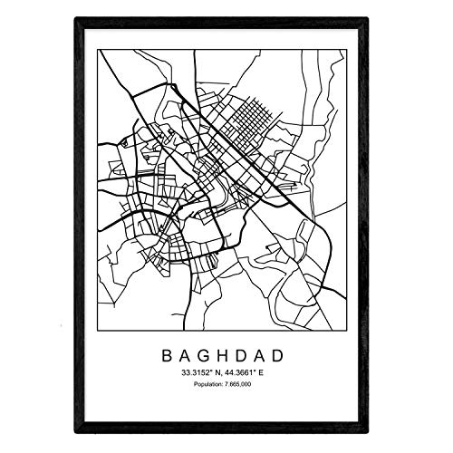 Nacnic Lámina Mapa de la Ciudad Baghdad Estilo nordico en Blanco y Negro. Poster tamaño A3 Sin Marco Impreso Papel 250 gr. Cuadros, láminas y Posters para Salon y Dormitorio