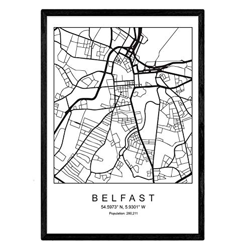 Nacnic Lámina Mapa de la Ciudad Belfast Estilo nordico en Blanco y Negro. Poster tamaño A3 Sin Marco Impreso Papel 250 gr. Cuadros, láminas y Posters para Salon y Dormitorio