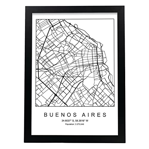 Nacnic Lámina Mapa de la Ciudad Buenos Aires Estilo nordico en Blanco y Negro. Poster tamaño A3 Sin Marco Impreso Papel 250 gr. Cuadros, láminas y Posters para Salon y Dormitorio