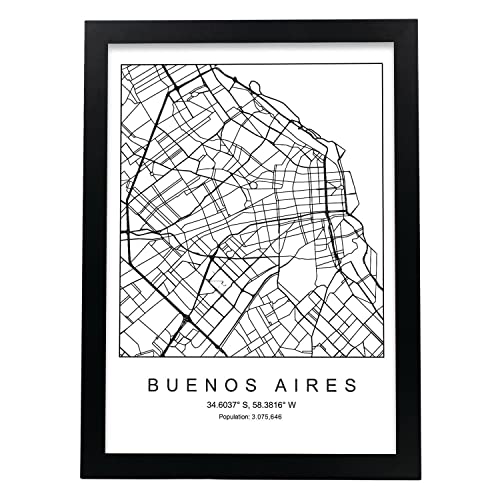 Nacnic Lámina Mapa de la Ciudad Buenos Aires Estilo nordico en Blanco y Negro. Poster tamaño A3 Sin Marco Impreso Papel 250 gr. Cuadros, láminas y Posters para Salon y Dormitorio