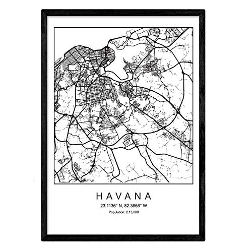 Nacnic Lámina Mapa de la Ciudad Havana Estilo nordico en Blanco y Negro. Poster tamaño A3 Sin Marco Impreso Papel 250 gr. Cuadros, láminas y Posters para Salon y Dormitorio
