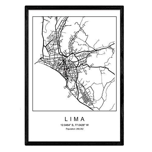 Nacnic Lámina Mapa de la Ciudad Lima Estilo nordico en Blanco y Negro. Poster tamaño A3 Sin Marco Impreso Papel 250 gr. Cuadros, láminas y Posters para Salon y Dormitorio