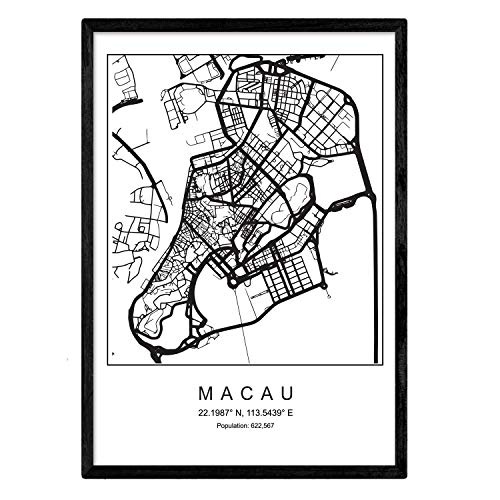 Nacnic Lámina Mapa de la Ciudad Macau Estilo nordico en Blanco y Negro. Poster tamaño A3 Sin Marco Impreso Papel 250 gr. Cuadros, láminas y Posters para Salon y Dormitorio
