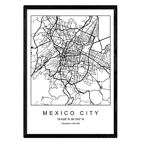 Nacnic Lámina Mapa de la Ciudad Mexico City Estilo nordico en Blanco y Negro. Poster tamaño A3 Enmarcado con Marco Negro Impreso Papel 250 gr. Cuadros, láminas y Posters para Salon y Dormitorio