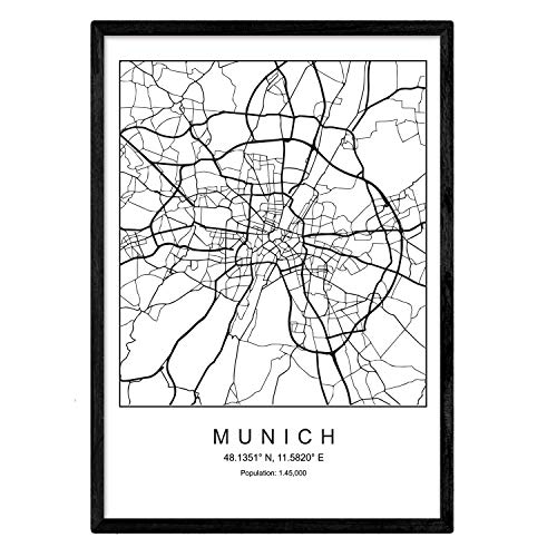 Nacnic Lámina Mapa de la Ciudad Munich Estilo nordico en Blanco y Negro. Poster tamaño A3 Sin Marco Impreso Papel 250 gr. Cuadros, láminas y Posters para Salon y Dormitorio