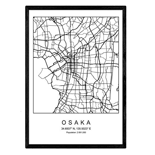 Nacnic Lámina Mapa de la Ciudad Osaka Estilo nordico en Blanco y Negro. Poster tamaño A4 Sin Marco Impreso Papel 250 gr. Cuadros, láminas y Posters para Salon y Dormitorio