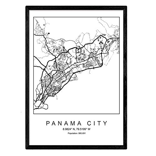 Nacnic Lámina mapa de la ciudad Panama city estilo nordico en blanco y negro. Poster tamaño A4 Sin marco Impreso papel 250 gr. Cuadros, láminas y posters para salon y dormitorio