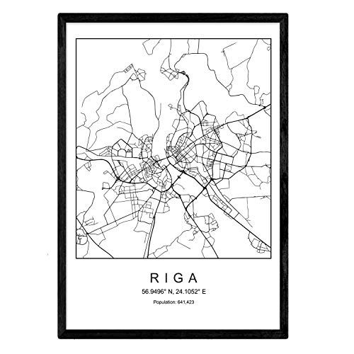 Nacnic Lámina Mapa de la Ciudad Riga Estilo nordico en Blanco y Negro. Poster tamaño A3 Sin Marco Impreso Papel 250 gr. Cuadros, láminas y Posters para Salon y Dormitorio