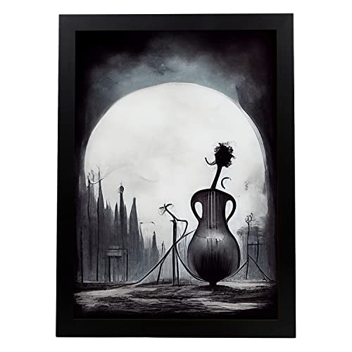 Nacnic Lámina Violonchelo Racional al estilo de T. Burton. Ilustraciones de escenas y lugares inspiradas en arte gótico y oscuro. Diseño y Decoración de Interiores. A4.