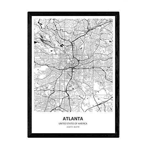 Nacnic Poster con mapa de Atlanta - USA. Láminas de ciudades de Estados Unidos con mares y ríos en color negro. Tamaño A3