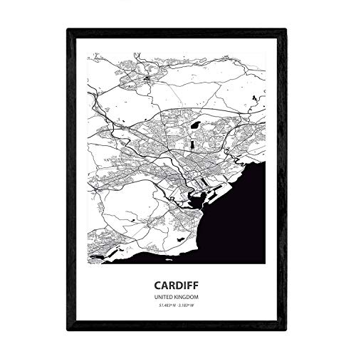 Nacnic Poster con Mapa de Cardiff - Reino Unido. Láminas de Ciudades de Reino Unido con Mares y ríos en Color Negro. Tamaño A3