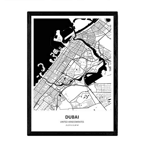 Nacnic Poster con Mapa de Dubai - Emiratos Arabes Unidos. Láminas de Ciudades de Oriente Medio con Mares y ríos en Color Negro. Tamaño A3