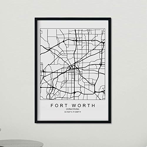 Nacnic Poster con Mapa de Fort Worth. Lámina de Estados Unidos, con imágenes de mapas y Carreteras de Las Principales Ciudades de Estados Unidos. Tamaño A4