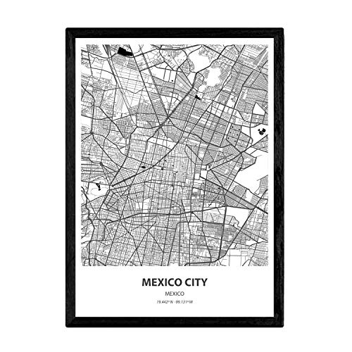 Nacnic Poster con mapa de Mexico City - Mexico. Láminas de ciudades de Latinoamérica con mares y ríos en color negro. Tamaño A3