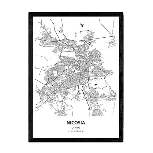 Nacnic Poster con Mapa de Nicosia - Chipre. Láminas de Ciudades de Europa con Mares y ríos en Color Negro. Tamaño A3