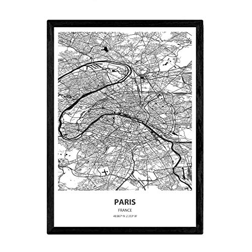 Nacnic Poster con Mapa de Paris - Francia. Láminas de Ciudades de Francia con Mares y ríos en Color Negro. Tamaño A3