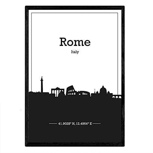 Nacnic Poster con Mapa de Rome - Italia. Láminas con Skyline de Ciudades de Italia con Sombra Negra. Tamaño A3