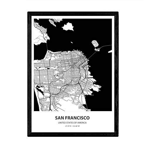 Nacnic Poster con Mapa de San Francisco - USA. Láminas de Ciudades de Estados Unidos con Mares y ríos en Color Negro. Tamaño A3